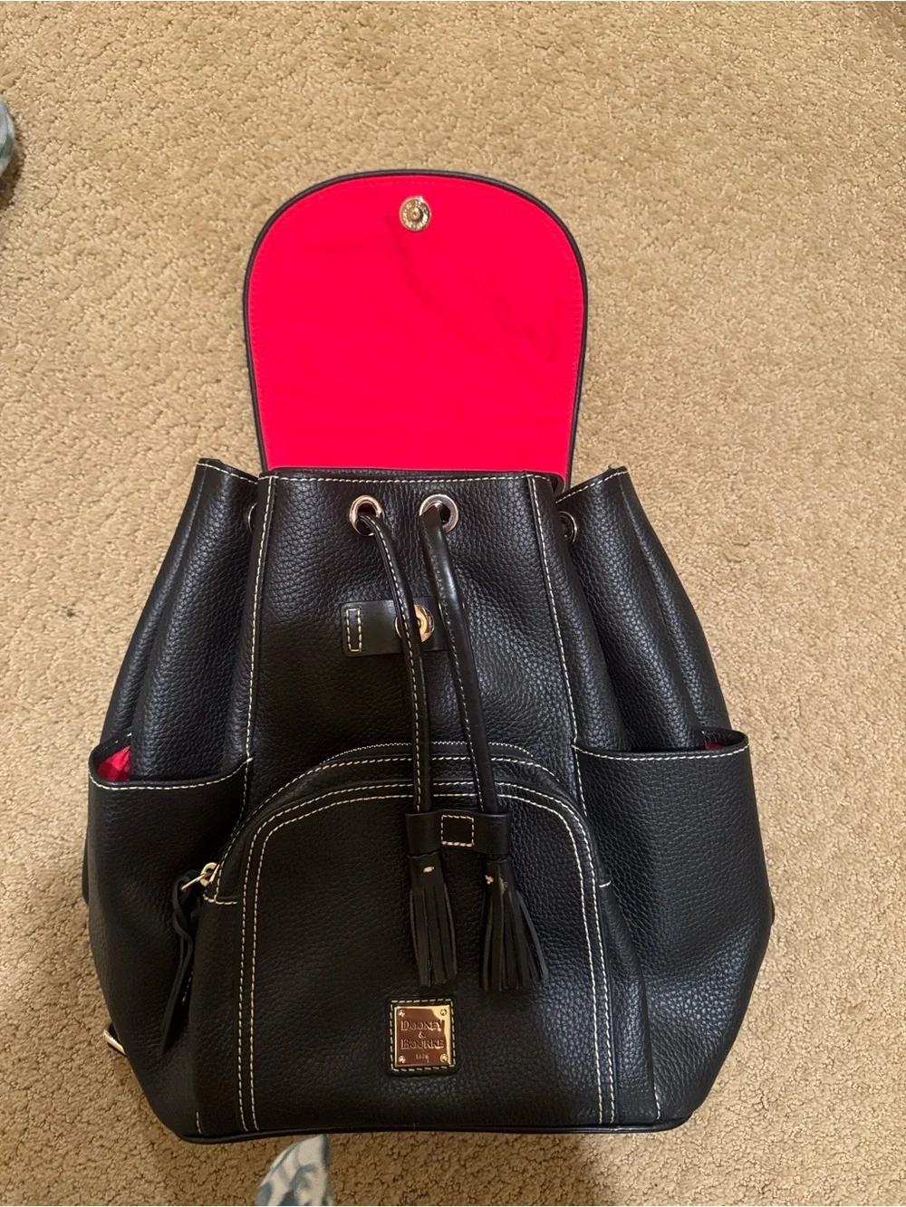 Black Leather Drawstring Backpack with Tassel Accent